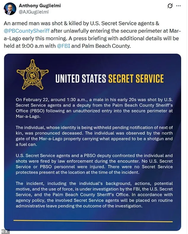 Armed Man Killed by Secret Service After Breaching Mar-a-Lago's Secure Perimeter